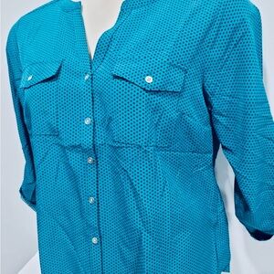 Notations Teal Polka Dot Button Down Shirt, Size M